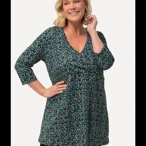 Ulla Popken Tunic Top Womens Size 32/34 Tiny Floral Surplice A-Line Swing